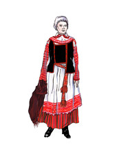 Woman in belarusian national costume. Isolated watercolor illustration. Traditional local attire: white chemise with embroidered red patterns, skirt, apron,vest, belt and cap-like headdress.
