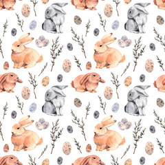 Obraz premium Watercolor pattern with cute Easter bunnies. Happy Easter.