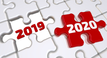 Fototapeta premium New 2020 year. The inscription on the missing element of the puzzle. The folded white puzzles elements with empty place labeled 2019 and one red puzzle labeled 2020. 3D Illustration