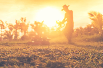 Blur man use lawn mower machine cutting grass in sunset.