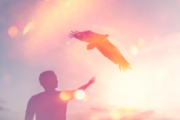 Zelfklevend Fotobehang Man raise open hand up on sunset sky with eagle bird fly abstract background. © tonktiti