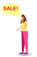 surprised woman face with open mouth and a sale speech bubble