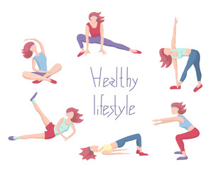 Women perform sports exercises - a set with characters. Fitness, healthy lifestyle