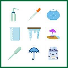 9 drop icon. Vector illustration drop set. beaker and medicine bag icons for drop works