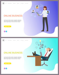 Online business, woman working on laptop web set vector. Businessman relaxing on working place, laptop with cogwheels gears and ideas electric bulb. Website or webpage template landing page flat style