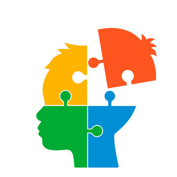 The human head consists of puzzles. concept of intellect, mental ore or mental health. flat vector illustration isolated