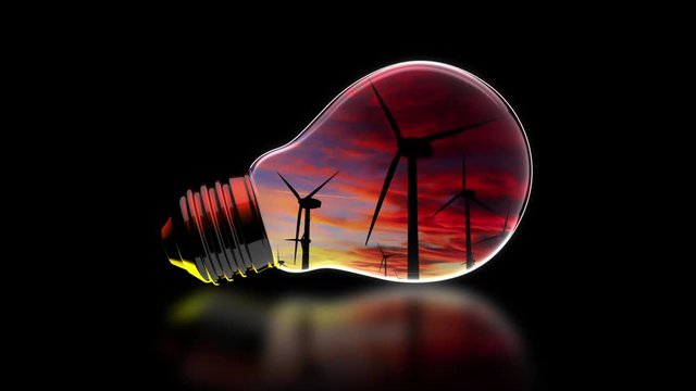 Light Bulb with Wind Turbine Sunset Inside - Clean Energy Concept - 3D Rendered Animation.