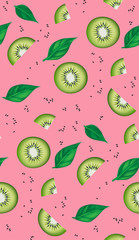 Fresh kiwi slices, leaves and seeds seamless pattern. Realistic vector illustration.