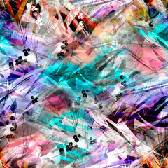 Watercolor vintage seamless background, paint splash, texture of leaves, grasses, plants, cranberry,  currants, juniper, needles.  Abstract background, blue, pink paint splash. Fashionable pattern