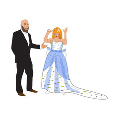 Sad bride gesturing and crying. Vector illustration