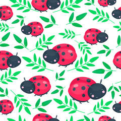 Red ladybug seamless pattern. Happy animal. Vector illustration, cartoon baby style.