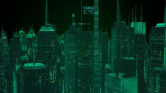 Target found, military tech scanning city, drone or aircraft spying, searching. Loopable background, aircraft or drone in search mode, target acquired