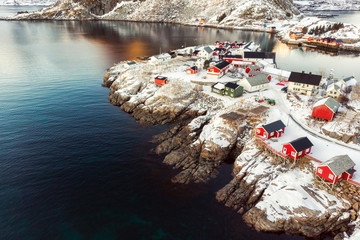 Colorful Hamnoy village on snow in winter at Lofoten