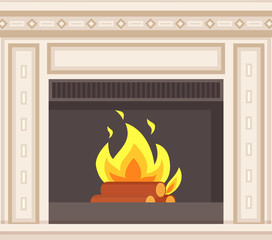 Fireplace closeup burning logs inside of stove vector. Hot fire flames and wooden material, bluestone classic decoration of home interior, marble frame