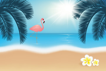 Fototapeta na wymiar flamingo on paradise tropical beach with palm trees and frangipani flower vector illustration EPS10