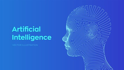 AI. Artificial intelligence concept. Ai digital brain. Abstract digital human face. Human head in robot digital computer interpretation. Robotics concept. Wireframe head concept. Vector illustration.