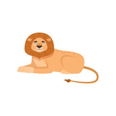 Benignant lion lying in the royal pose with closed eyes isolated on white background
