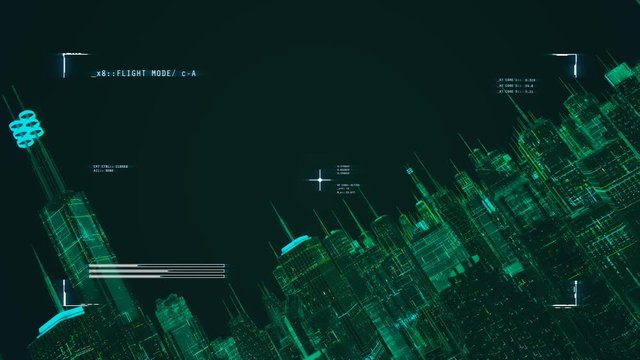 Aircraft scanning city, map on display, HUD, pilot pov, futuristic tech, spy. Loopable background, aircraft or drone in search mode