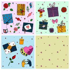 Valentines day set. Gift, love letter, heart. Colored symbols of love. Vector illustration