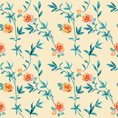 floral background with yellow, orange roses flowers and twigs with leaves