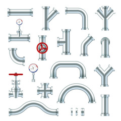 Steel pipes industrial set, different plumbing types