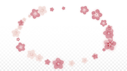 Vector Realistic Pink Flowers Falling on Transparent Background.  Spring Romantic Flowers Illustration. Flying Petals. Sakura Spa Design. Blossom Confetti. Design Elements for Wedding Decoration.