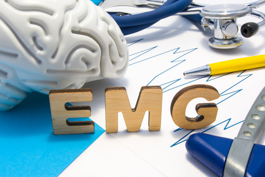 EMG medical abbreviation of electromyography concept, medical diagnostic research, which measures electrical impulses of muscles. Diagnosis nerve diseases associated with poor transmission of nerve