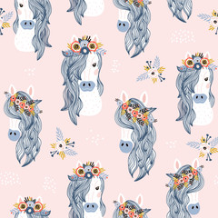 Seamless childish pattern with adorable horses . Creative scandinavian kids texture for fabric, wrapping, textile, wallpaper, apparel. Vector illustration