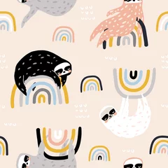 Seamless childish pattern with funny sloths on rainbows. Creative kids texture for fabric, wrapping, textile, wallpaper, apparel. Vector illustration