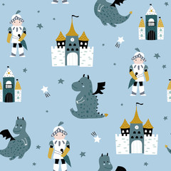 Kinderachtig naadloos patroon met ridder, draak en kasteel in Scandinavische stijl. Creatieve vector kinderachtige achtergrond voor stof, textiel