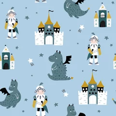 Keuken foto achterwand Scandinavische stijl Kinderachtig naadloos patroon met ridder, draak en kasteel in Scandinavische stijl. Creatieve vector kinderachtige achtergrond voor stof, textiel