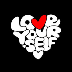 Cute Love Yourself hand drawn lettering trendy affirmation phrase in 80s style