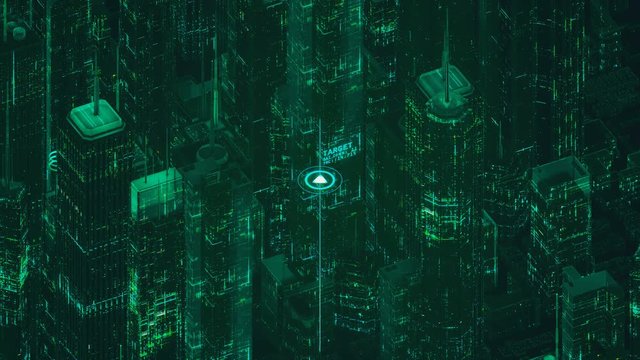 Target locked, futuristic tech scanning city, aircraft in search mode, spying. Futuristic background, aircraft or drone in search mode, fugitive detection