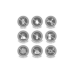 Gmo, preservatives, trans fat free vector badge label. Nitrates, sulfates, pesticides free glyph circle stamp set for packaging.