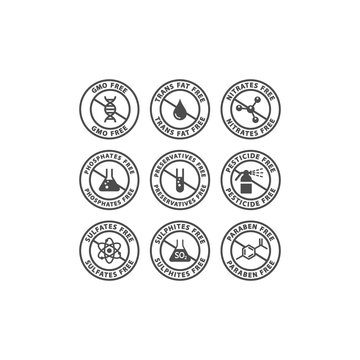 Gmo, preservatives, trans fat free vector badge label. Nitrates, sulfates, pesticides free glyph circle stamp set for packaging.