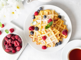 Belgian waffles with raspberries, blueberries, curd and tea, top view. Healthy homemade breakfast, light concrete background