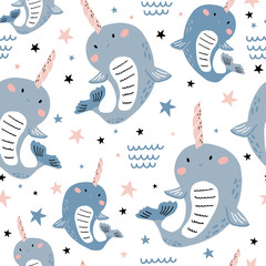 Seamless pattern with magic narwhals.. Creative winter childish texture. Great for fabric, textile Vector Illustration © solodkayamari