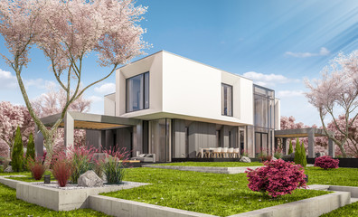 3d rendering of modern cozy house in the garden with garage. Fresh spring day with a blooming trees. For sale or rent with flowers of sakura on background.
