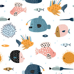 Fototapeta premium Seamless pattern with creative and colorful fishes . Creative undersea childish texture. Great for fabric, textile Vector Illustration