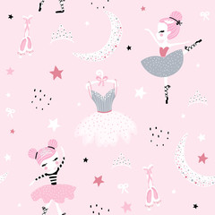 Childish seamless pattern with cute hand drawn ballerina dancing on the moon in scandinavian style. Creative vector childish background for fabric, textile
