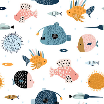 Fototapeta Seamless pattern with creative and colorful fishes . Creative undersea childish texture. Great for fabric, textile Vector Illustration