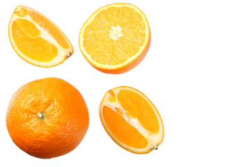 orange with slices isolated on white background. healthy food. top view