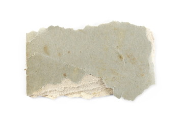 Burned and charred paper scrap isolated on white background, top view