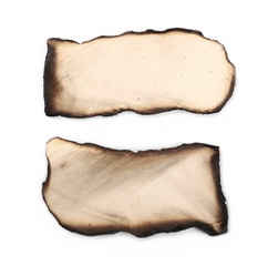 Obraz premium Burned and charred paper scraps set and collection isolated on white background, top view