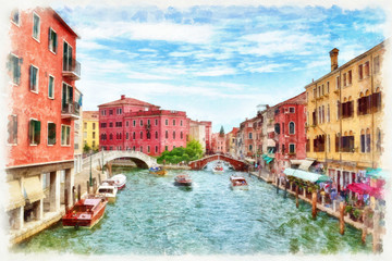 Fototapeta na wymiar Picturesque view of Venetian canal with boats, digital imitation of watercolor painting