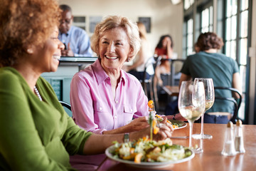 Two Smiling Senior Women Meeting For Meal In Restaurant