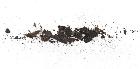 Burned and charred paper scraps isolated on white background, top view