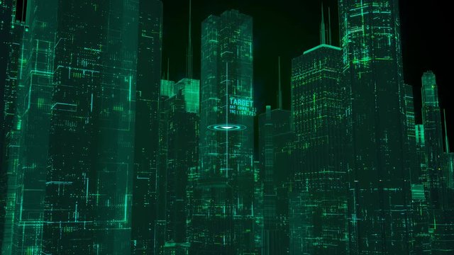 Target coordinates on map, military tech, spying, searching. Scanning city. Futuristic background, aircraft or drone HUD in search mode, fugitive detection
