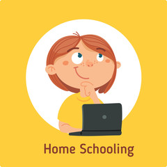 The girl with the computer, working and learning at home. Online communication and education. Vector illustration in flat style