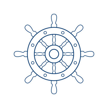 Icono plano lineal timón de barco en color azul